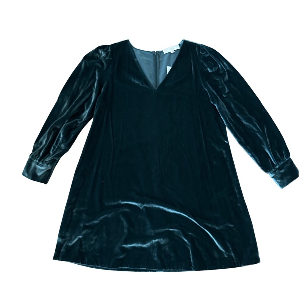 Loft Green Velvet V-Neck Long Sleeve Shift Dress Size L NWT